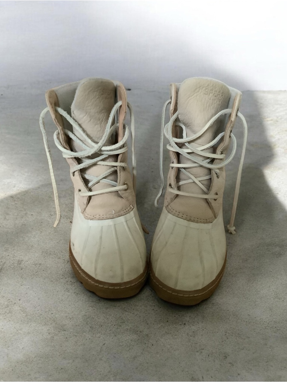 Sperry Cream and Tan Lace-Up Duck Boots